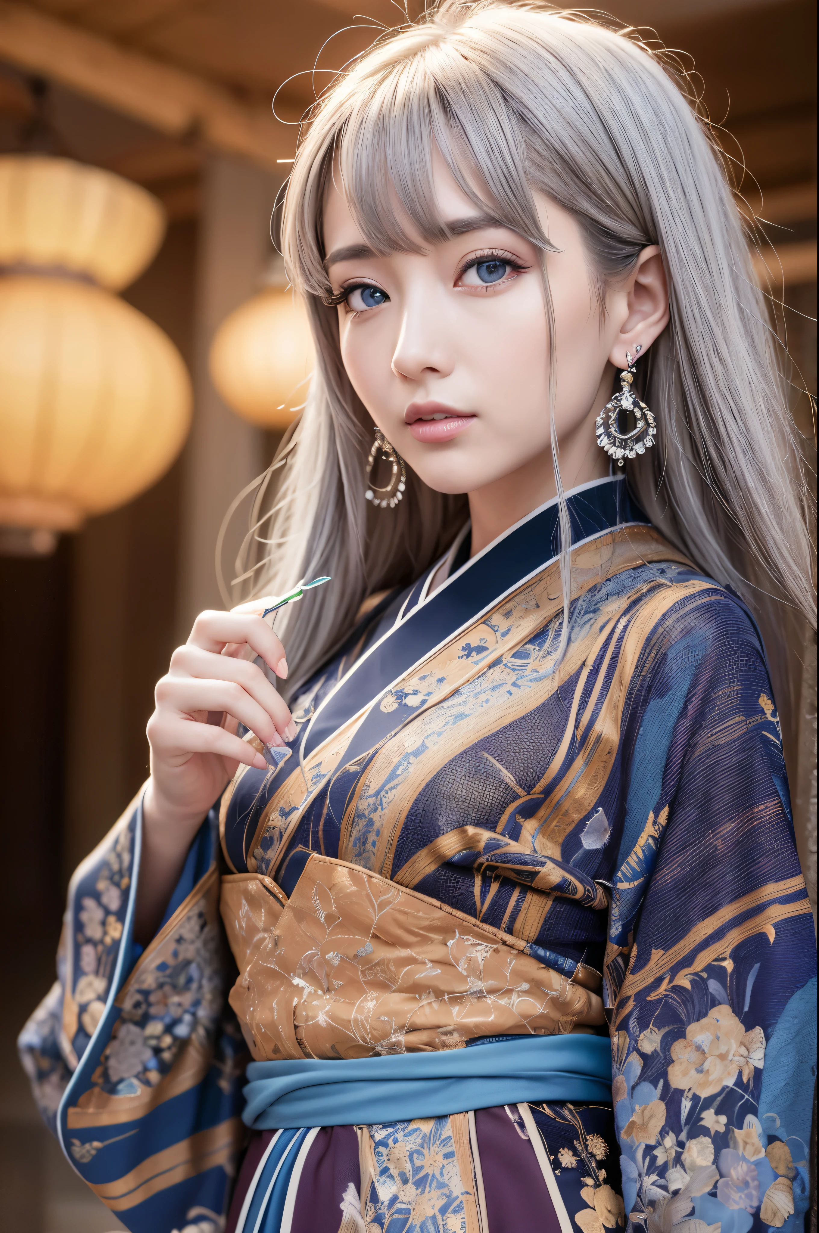 1 girl, whole body:1.2, perfect anatomy, very detailed顔と目,, (blue eyes), gray hair:1.7,smile:0.3, 20-year-old, muscular:1.5, (earrings,good:1.5, white mini skirt), blurred background, ( 8,000 students, photorealism:1.5, masterpiece, heightens, At night, midnight, dark, rtx, realistic照明, photo taken in ancient japan, very detailed流れる髪, realistic hair, realistic shadow, confused, very detailed, 4K, (green eyes), (beautiful girl: 1.4), (masterpiece),ultra detail, (highest quality), (ultra high resolution), (masterpiece), realistic:1.3, smile, balanced pupil, symmetical pupil and iris,Chromatic_aberration:0.8, dynamic_color_range, lens_twist:0.7, Holding lanterns,delicate hands, Japanese