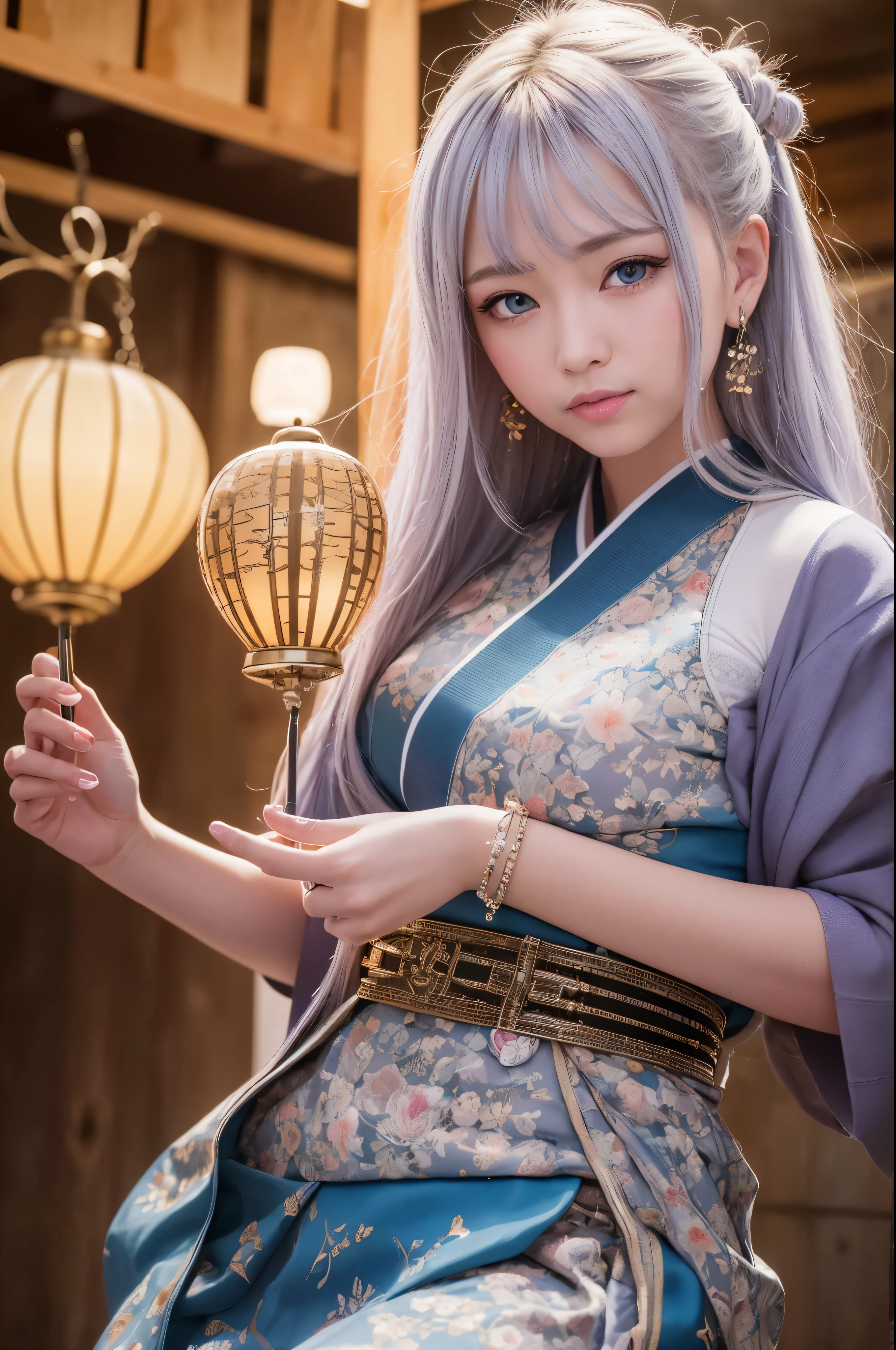 1 girl, whole body:1.2, perfect anatomy, very detailed顔と目,, (blue eyes), gray hair:1.7,smile:0.3, 20-year-old, muscular:1.5, (earrings,good:1.5, white mini skirt), blurred background, ( 8,000 students, photorealism:1.5, masterpiece, heightens,  At night, midnight, dark, rtx, realistic照明, photo taken in ancient japan, very detailed流れる髪, realistic hair, realistic shadow, confused, very detailed, 4K, (green eyes), (beautiful girl: 1.4), (masterpiece),ultra detail, (highest quality), (ultra high resolution), (masterpiece), realistic:1.3, smile,  balanced pupil, symmetical pupil and iris,Chromatic_aberration:0.8, dynamic_color_range, lens_twist:0.7, Holding lanterns,delicate hands,  Japanese