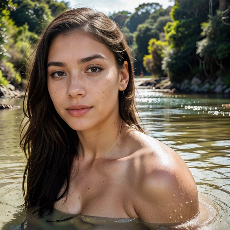 23-year-old hyper-realistic Latin girl with freckles, mood selfie for instagram, Ultra Definition, (photoreallistic: 1.4), 8k, calidad premier, fondos detallados, cara delicada, maquillaje natural, foto raw, iphone, HDR, Coqueteando con el espectador, in a deep river and transparent water, big tits