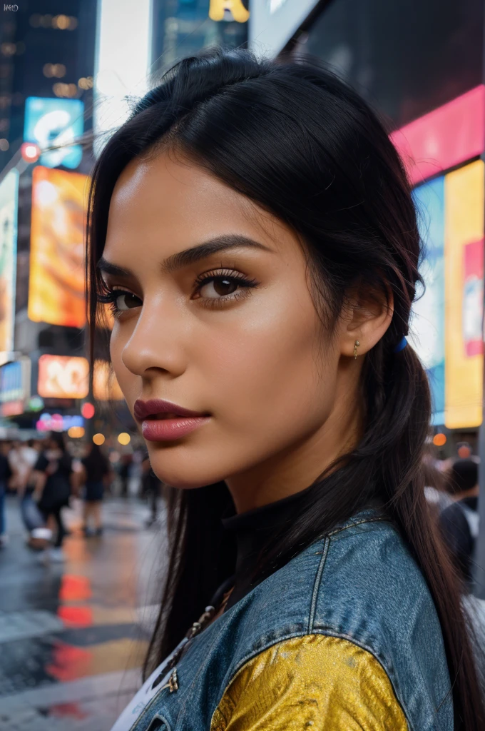 (masterpiece), (best quality:1.0), (ultra highres:1.0), closeup, 1 girl, detailed beautiful, face focus, tomboy, skinny, long hair, brazilian face, wallpaper 8k, (black colorful hair), beutiful woman, makeup, time square, streetwear fit