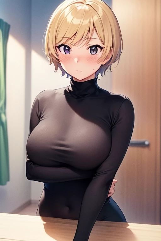 mangamichirum, 1girl, blond hair, short hair, blush, large breast, ((tight black long sleeve undershirt, turtleneck)), breast hold, upper body, looking at view, (masterpiece, high resolution, best quality, anime screencap, anime colored, 8k, photorealistic)