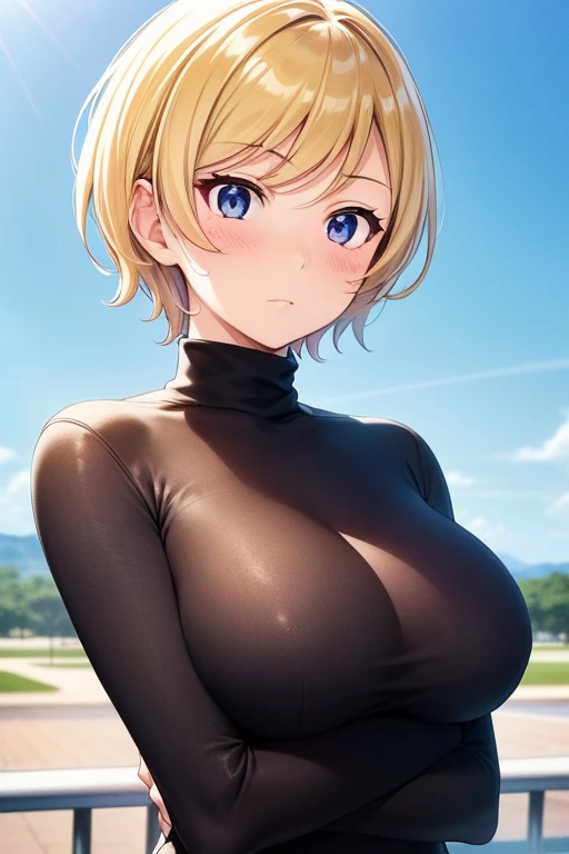 mangamichirum, 1girl, blond hair, short hair, blush, large breast, ((tight black long sleeve undershirt, turtleneck)), breast hold, upper body, looking at view, (masterpiece, high resolution, best quality, anime screencap, anime colored, 8k, photorealistic)