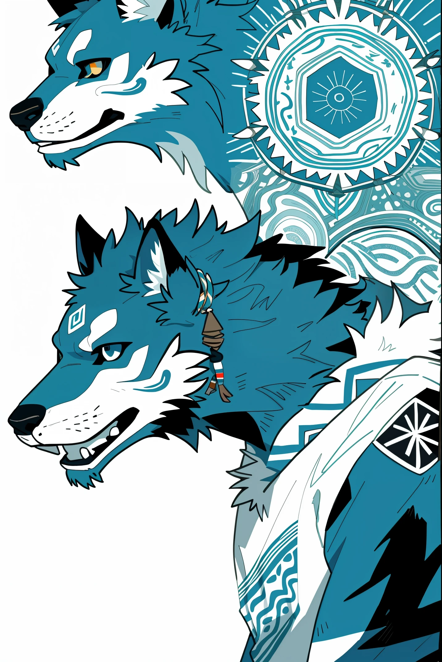 8k, cover_page, Tribal Spirit animals, A t-shirt design inspired by tribal art and folklore, featuring intricately detailed spirit animals such as wolves, The design incorporates geometric patterns and bold linework to create a striking and powerful composition, white background,