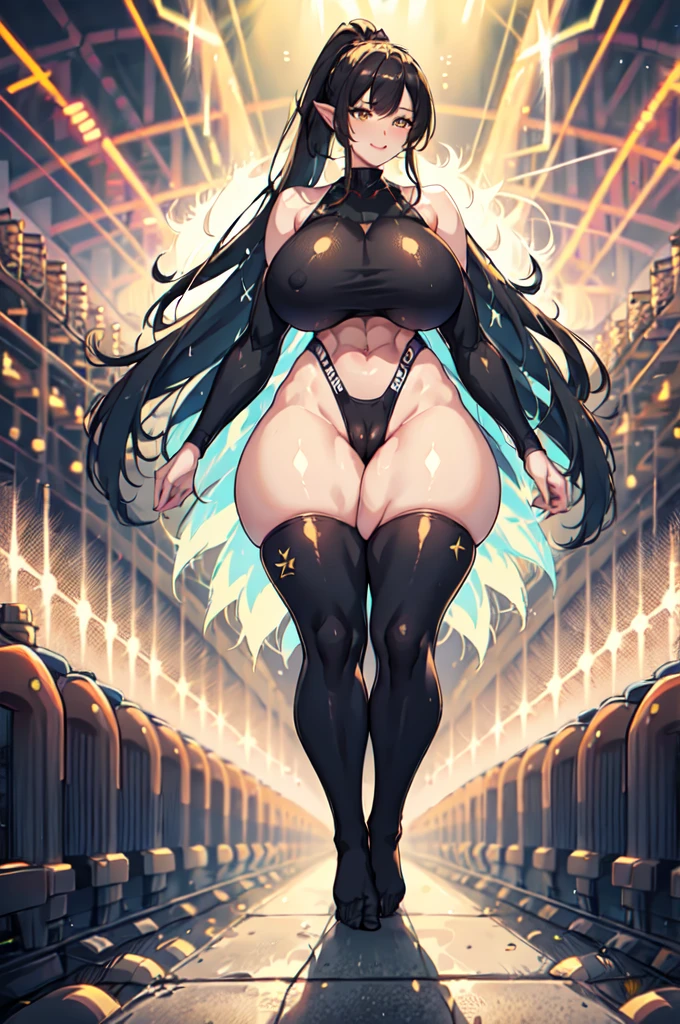 1woman, adult woman, mature, solo, 46-years old, elf, standing, leggings, black leggings, black sports bra, sports underwear, cleavege, nature background, looking the viewer, nsfw((masterpiece)), (gigantic breasts), beautiful adult woman, long hair, pony tail, black hair, colored inner hair blue, yellow eyes, big eyes, barefoot, thick thighs, big ass, wide ass, (excessive breast expansion), busty, sharp focus, perfect body, huge boobs, extremely huge breats, wide hips, (thick thighs:1.2), huge pussy, deep crotch, thick body, full body, massive lips, hourglass body, athletic body, big abs, muscolar legs, athletic ass, fair expression, confident smile, Ultra Quality, Masterpiece, Ethereal,Ultra-Detailed,8K, divine presence, breathtaking beauty, vivid colors reflects, left side view, all four, full body picture