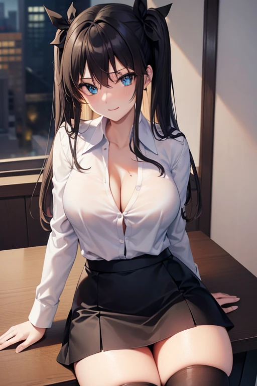 Rin Tohsaka, Rin Tohsaka, aqua eyes, Black hair, Hair Ribbon, Long hair, bow ribbon, (side locks:1.3), (black thighhighs:1.3), looking at the viewers, BREAK (masutepiece:1.2), Best Quality, High resolution, Unity 8k壁纸, (Illustration:0.8), (Beautiful detailed eyes:1.6), extra detailed face, Perfect Lighting, extremely details CG, (Perfect hands, Perfect Anatomy),,cowboy  shot、(white  shirt:1.5)、(Office Lady:1.3)、Miniskirts、((Black skirt:1.5))、s Office、Jacket, Formal, Suit, pencil skirts, Skirt suit、(cleavage of the breast),A smile、Sitting on a chair、(white  panties:1.3), office ID card holder, office lady ID card worker holder, office ID card holder, ID card