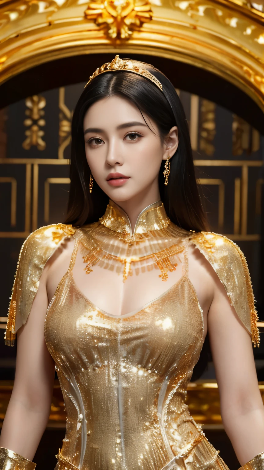 black hair, Surrealism, 8k, super detail, UHD, masterpiece, ccurate, anatomically correct, textured skin, super detail, high details, high quality, best quality, 8k,Beautiful woman,(golden dress:1.5),Glittering costumes,Princess,western castle