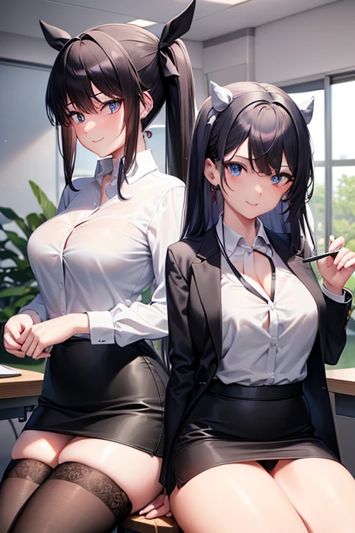 Rin Tohsaka, Rin Tohsaka, aqua eyes, Black hair, Hair Ribbon, Long hair, bow ribbon, (side locks:1.3), (black thighhighs:1.3), looking at the viewers, BREAK (masutepiece:1.2), Best Quality, High resolution, Unity 8k壁纸, (Illustration:0.8), (Beautiful detailed eyes:1.6), extra detailed face, Perfect Lighting, extremely details CG, (Perfect hands, Perfect Anatomy),,cowboy shot、(white shirt:1.5)、(Office Lady:1.3)、Miniskirts、((Black skirt:1.5))、s Office、Jacket, Formal, Suit, pencil skirts, Skirt suit、(cleavage of the breast),A smile、Sitting on a chair、(white panties:1.3), office ID card holder, office lady ID card worker holder, office ID card holder, ID card