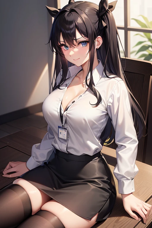 Rin Tohsaka, Rin Tohsaka, aqua eyes, Black hair, Hair Ribbon, Long hair, bow ribbon, (side locks:1.3), (black thighhighs:1.3), looking at the viewers, BREAK (masutepiece:1.2), Best Quality, High resolution, Unity 8k壁纸, (Illustration:0.8), (Beautiful detailed eyes:1.6), extra detailed face, Perfect Lighting, extremely details CG, (Perfect hands, Perfect Anatomy),,cowboy shot、(white shirt:1.5)、(Office Lady:1.3)、Miniskirts、((Black skirt:1.5))、s Office、Jacket, Formal, Suit, pencil skirts, Skirt suit、(cleavage of the breast),A smile、Sitting on a chair、(white panties:1.3), office ID card holder, office lady ID card worker holder, office ID card holder, ID card