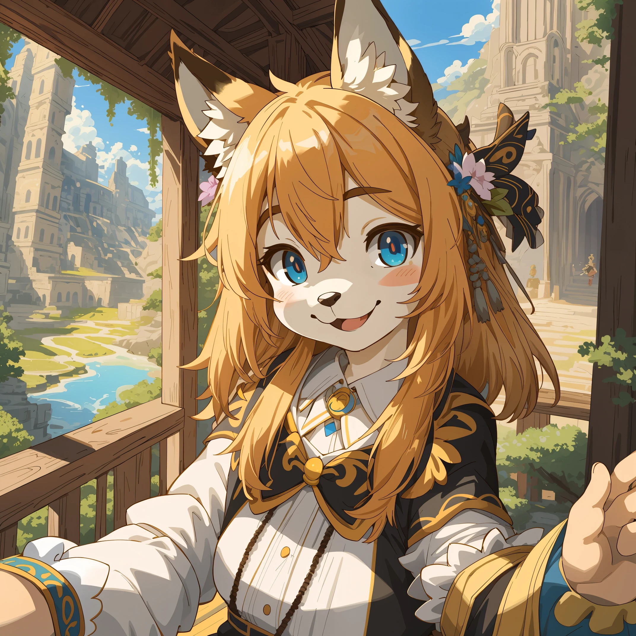 top quality, best quality, High-quality illustrations, masterpiece, super high resolution, detailed background, detailed background, World Heritage Site, 6+boys, 6+girls, Happy, joyful, absurdres(highly detailed beautiful face and eyes)perfect anatomy(Photos of solo travelers)(kemono, furry anthro)selfie,