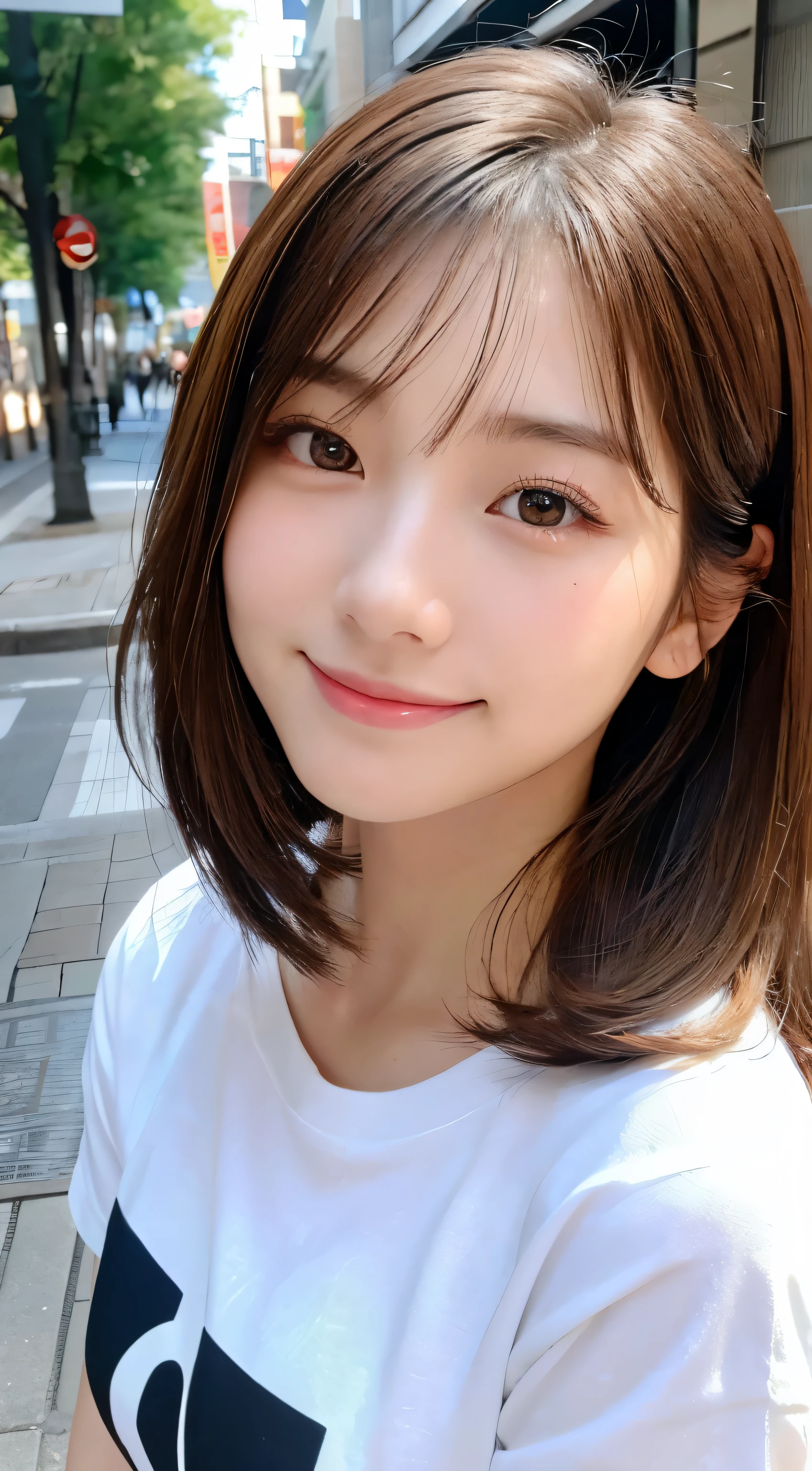 (top-quality,8K picture quality,masterpiece:1.3,),(超A high resolution:1.3,Photorealsitic:1.4,Raw photography:1.2),(ultra-detailliert:1.2,shinny skin,Detailed skin),(Detailed face,Perfect ???????,Caustics),女の子1人,kawaii,japanes,22year old,Japanese ido,Natural brown hair,shoulder length hair,Pretty eyes,natural make up,Oversized T-shirt,a smile,Looking at the camera,up on the face,Face Focus,street corner,Professional Writing,natural soft light,