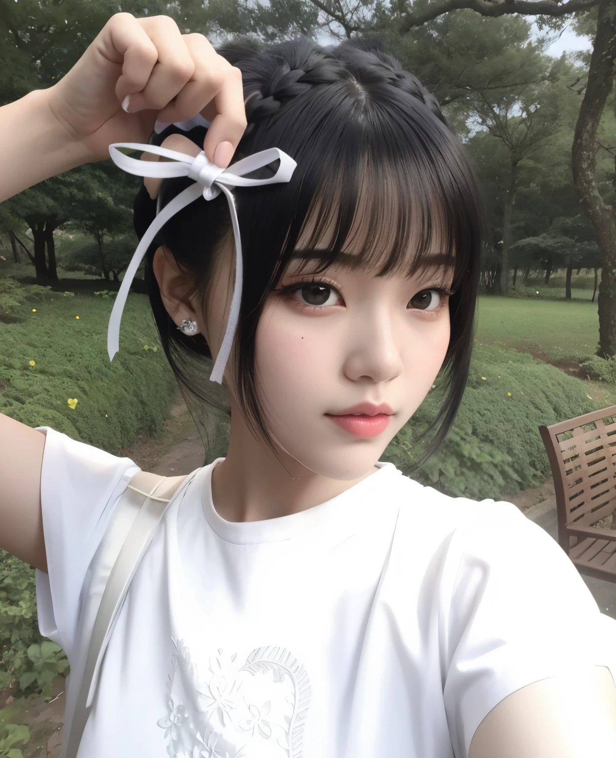 there is a young woman holding a white fita no cabelo, fita no cabelo, neat hair com franja, com franja, Xintong Chen, chiho, shikami, she has black hair com franja, Ulzzang, penteado twintails, laço, o corte Hime, com franja completa, sakimichan, penteado com corte hime branco