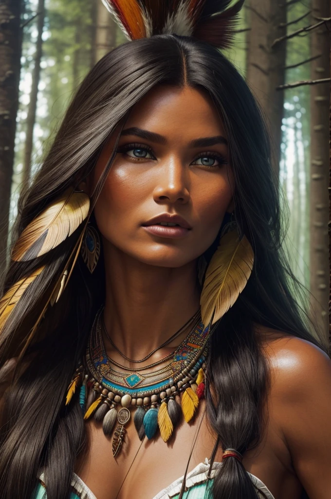 Pocahontas, tribal essence, forest, hyperrealism, hyper details