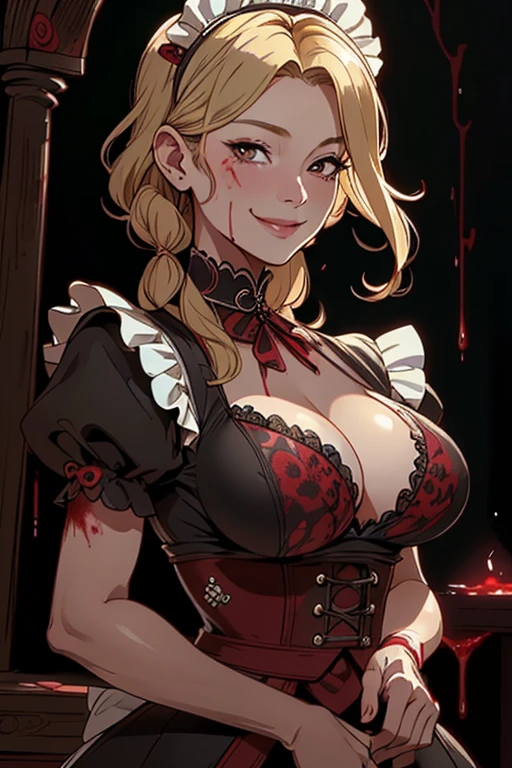 milf, blonde, mature woman, middle parted hair, sfw, natural breast, upper body, milf, samui, simple smile, in a dark room, maid, covered in blood, maid, uniform, blood everywhere