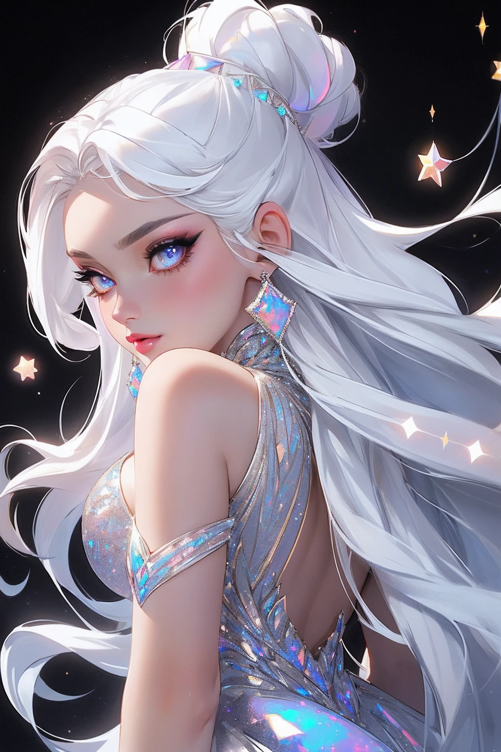 {-erro_de_anatomia:1.0} masterpiece, highest quality, (perfect face:1.1, (high detail)1.1, sweet stardust vampire , long soft white hair, opal eyes, perfectly drawn face, black dress, stars detailed background, prismatic lighting, glitter, whole body,  Dancing lightly. backwadrs, Looking back. Very sexy, with chin resting on shoulder.