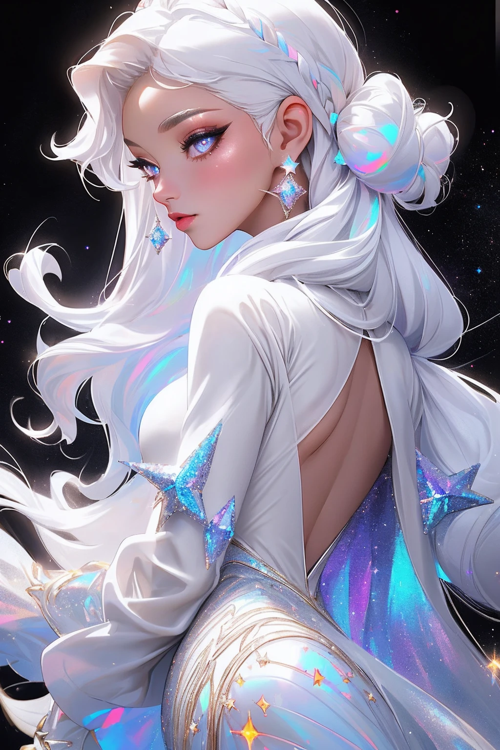 {-erro_de_anatomia:1.0} masterpiece, highest quality, (perfect face:1.1, (high detail)1.1, sweet stardust vampire , long soft white hair, opal eyes, perfectly drawn face, black dress, stars detailed background, prismatic lighting, glitter, whole body, Dancing lightly. backwadrs, Looking back. Very y, with chin resting on shoulder.
