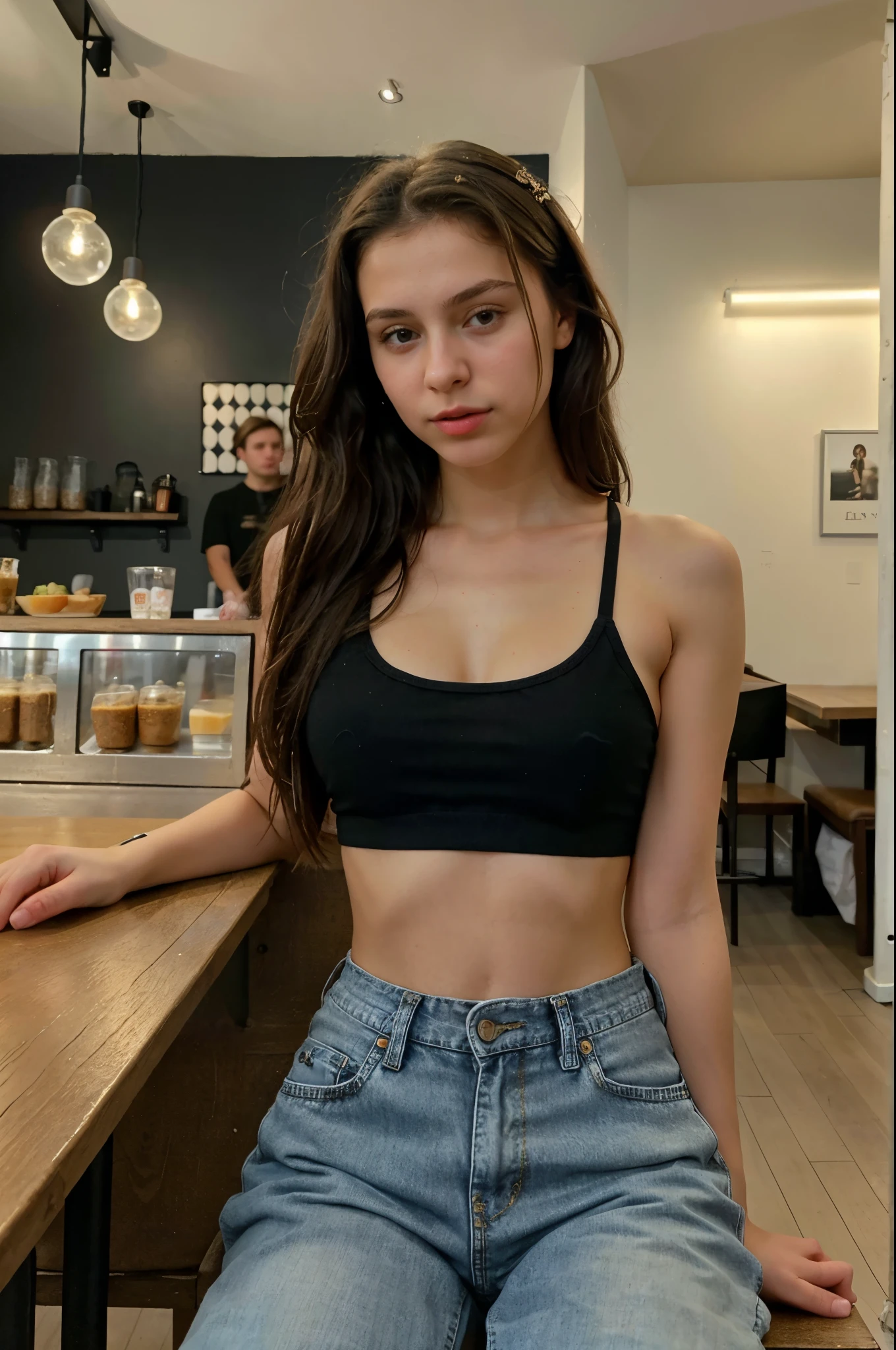 Create a lifelike scene of a young Eastern European girl in a cafe, capturing her essence as she sits in a black crop top and cargo jeans, ensuring the photo is so realistic that distinguishing it from an actual photograph becomes a challenge."
make the photo from a frontal camera of an iphone. the girl is sticiking out her tongue.