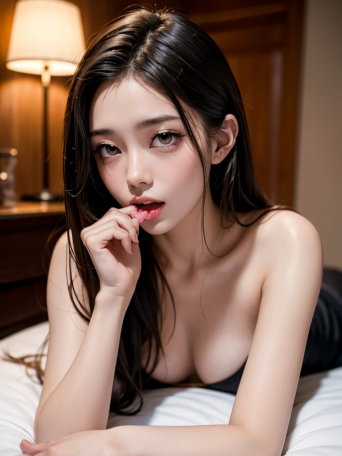best quality, laying in bed, pov, oral stimulation, fellatio, 1girl, vaginal, torn clothes, topless, pink nipple, small nipple, black hair, long hair, pink eyes, Shiny skin, oily skin, full of sweat, watery skin, looking front, under arm, rised arm pose, rised leg, ahegao expression, cum in face, nezuko \(demon slayer\), 1girll),(illuminating), (tmasterpiece), realisticlying, highly detailed, 8K, RAW photogr, naturey(Bare chest),Realistis,pale-skinned