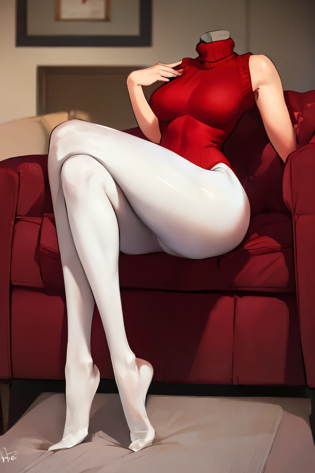 Highly detailed, High Quality, Masterpiece, beautiful, DisembodiedHead, 1girl, solo, headless, house wife, red leotard sweater, white pantyhose, couch, living room, sitting, legs crossed,