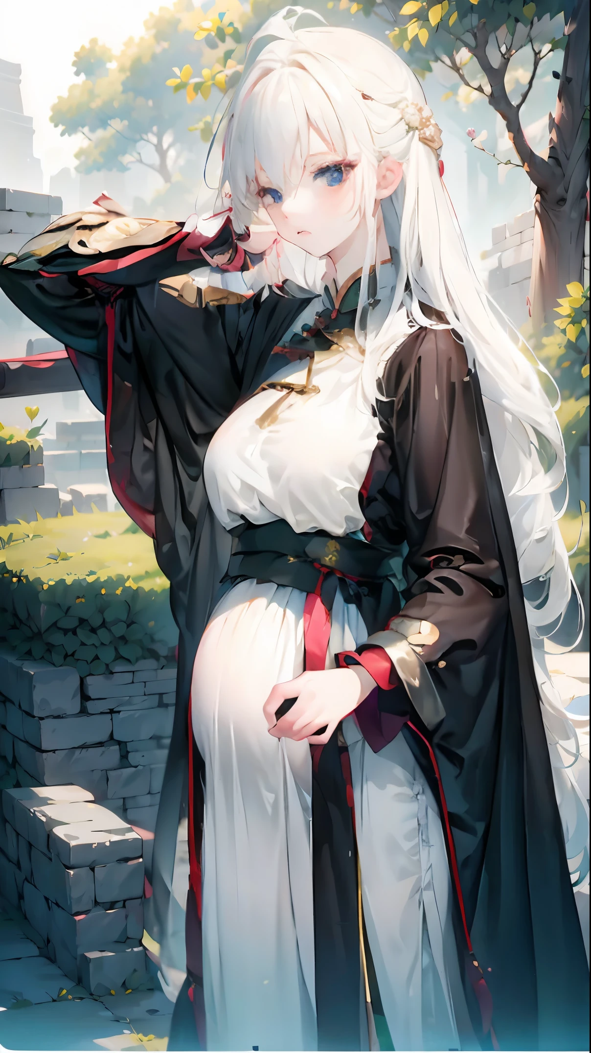 Golden hairpin, white ash hair, black shirt, white skirt, (black cloak:1.2), pale face, sweating, heavy breath, blushing, pregnancy dresest quality:1.2), ultra-detailed,realistic ,portraits, vivid colors, soft lighting, interesting PoV, stocking, straight hair, pregnant, Pregnant belly, anime girl, solo girl, light blue eyes, Chinese sword, swing sword,