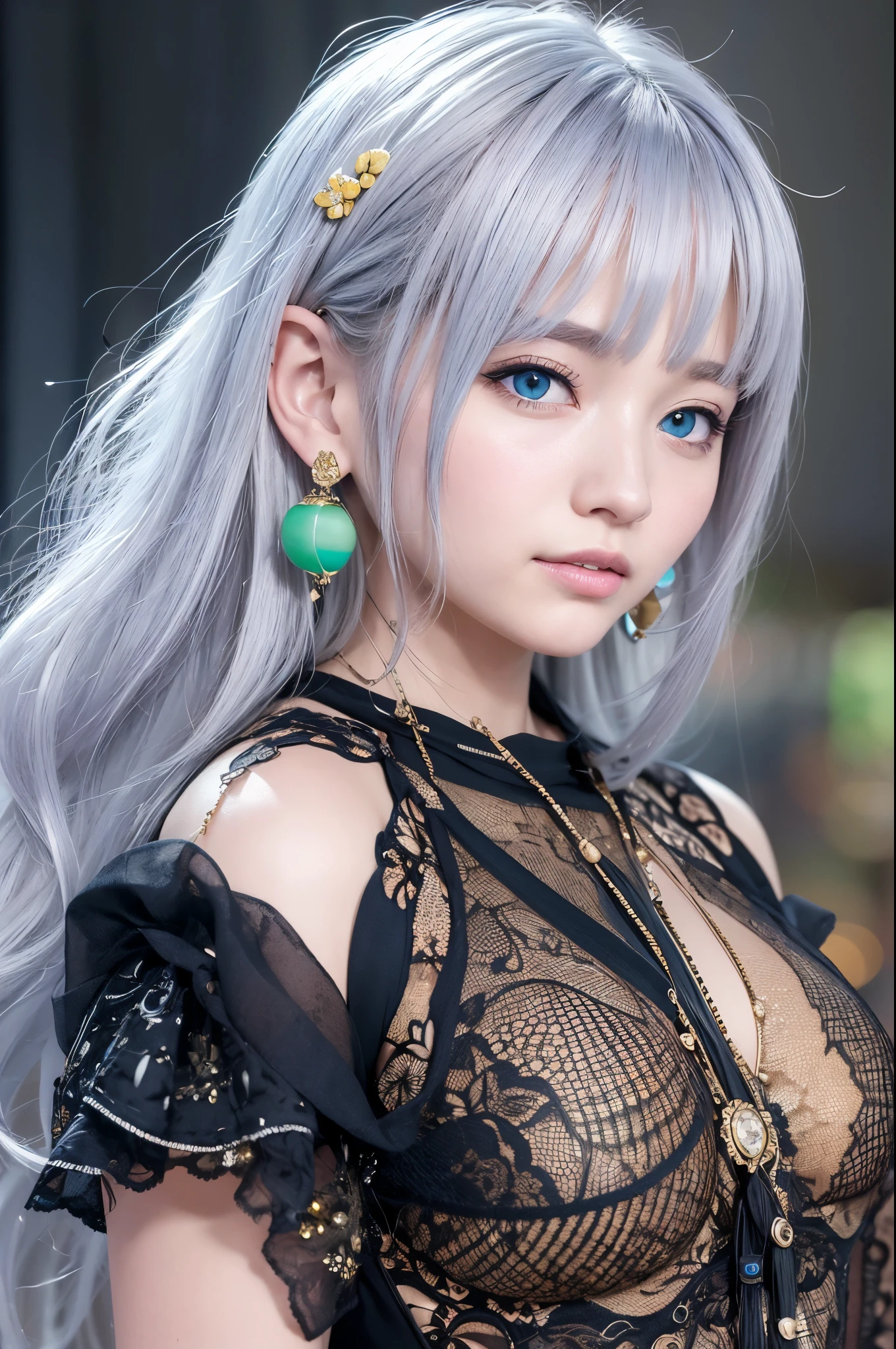 1 girl, whole body:1.2, perfect anatomy, very detailed顔と目,, (blue eyes), gray hair:1.7,smile:0.3, 20-year-old, muscular:1.5, (earrings,good:1.5, white mini skirt), blurred background, ( 8K students, photorealism:1.5, masterpiece, heightens, at night, midnight, dark, rtx, realistic照明, photo taken in ancient japan, very detailed流れる髪, realistic hair, realistic shadow, disorganized, very detailed, 4K, (green eyes), (beautiful girl: 1.4), (masterpiece),ultra detail, (highest quality), (ultra high resolution), (masterpiece), realistic:1.3, smile, balanced pupil, symmetical pupil and iris,Chromatic_aberration:0.8, dynamic_color_range, lens_Twist:0.7, Holding lanterns,delicate hands, Japanese
