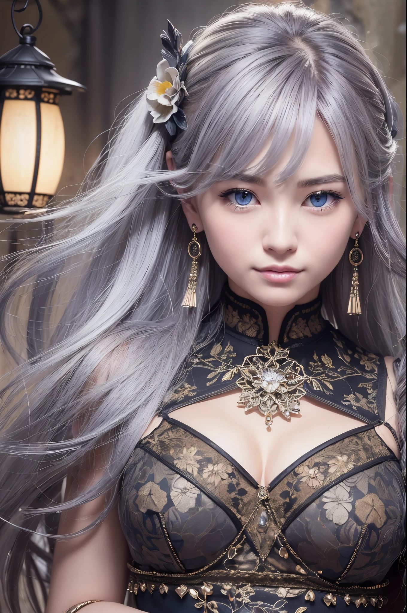 1 girl, whole body:1.2, perfect anatomy, very detailed顔と目,, (blue eyes), gray hair:1.7,smile:0.3, 20-year-old, muscular:1.5, (earrings,good:1.5, white mini skirt), blurred background, ( 8K students, photorealism:1.5, masterpiece, heightens,  at night, midnight, dark, rtx, realistic照明, photo taken in ancient japan, very detailed流れる髪, realistic hair, realistic shadow, disorganized, very detailed, 4K, (green eyes), (beautiful girl: 1.4), (masterpiece),ultra detail, (highest quality), (ultra high resolution), (masterpiece), realistic:1.3, smile,  balanced pupil, symmetical pupil and iris,Chromatic_aberration:0.8, dynamic_color_range, lens_Twist:0.7, Holding lanterns,delicate hands,  Japanese