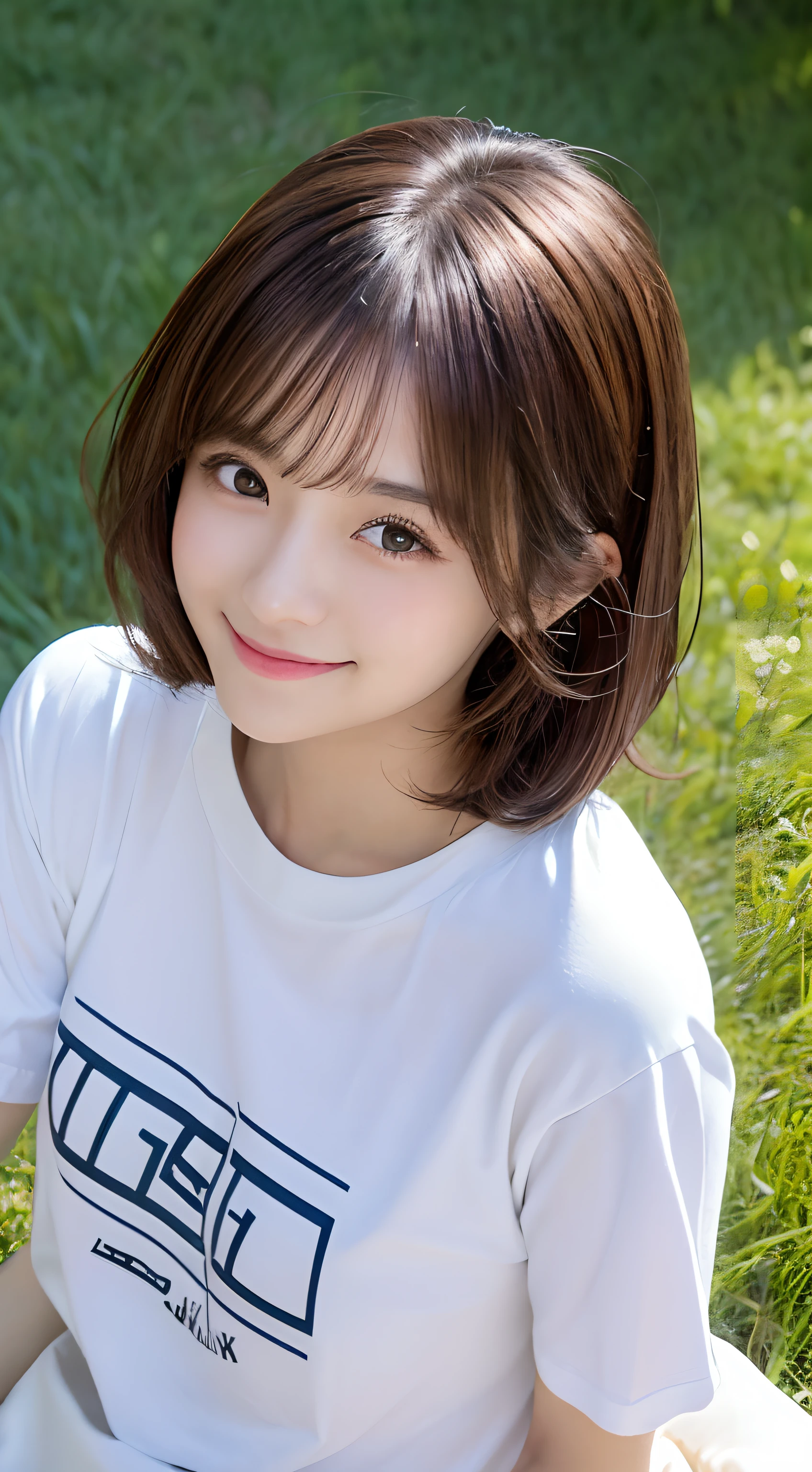(top-quality,8K picture quality,masterpiece:1.3,),(超A high resolution:1.3,Photorealsitic:1.4,Raw photography:1.2),(ultra-detailliert:1.2,shinny skin,Detailed skin:1.1),(Detailed face,Perfect Anatomy,Caustics:1.2),(On the lawn),(Lying on your back),Overhead view,女の子1人,kawaii,japanes,22year old,Japanese ido,Natural brown hair,Curl short hair outward,Pretty eyes,natural make up,Oversized T-shirt,a smile,Looking at the camera,up on the face,Face Focus,Professional Lighting,natural soft light,