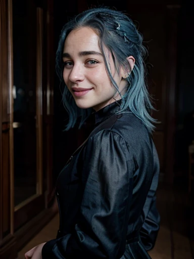 21 year old smiling woman blue hair Emilia Clarke face, elegant black clothes, side picture