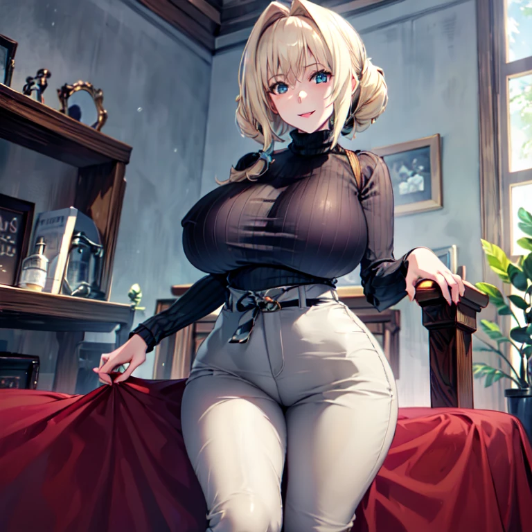 masterpiece, best quality, 1girl, solo, mature female, huge breasts, narrow waist, wide hips, curvy, curly hair, short hair, short bangs, blonde hair, blue eyes, turtleneck, turtleneck sweater, ribbed sweater, white sweater, brown pants, standing, indoors, sexy pose, seductive smile, looking at viewer