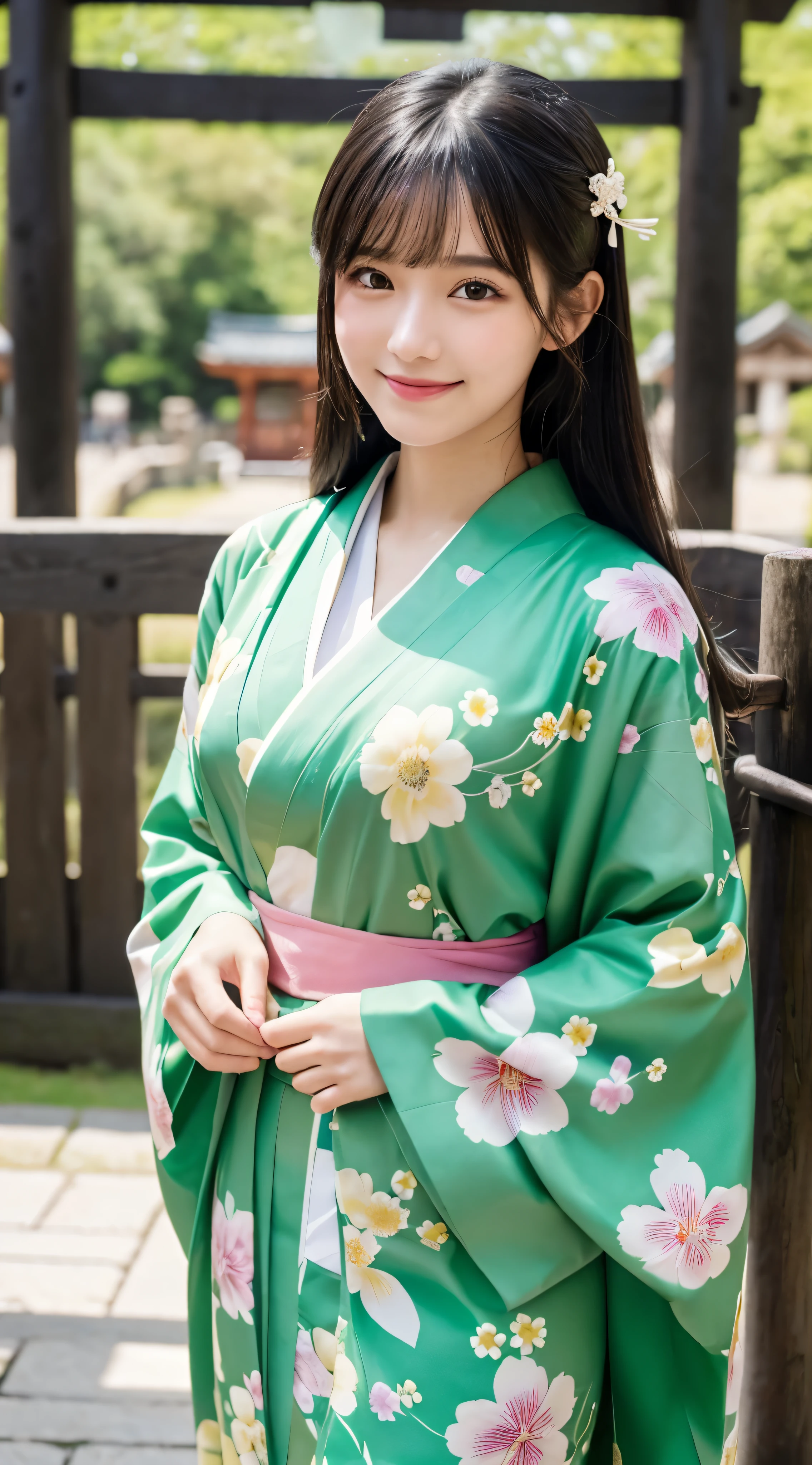 (top-quality,8K picture quality,masterpiece:1.3,),(超A high resolution,Photorealsitic:1.4,RAW shooting),(ultra-detailliert,Caustics,perfect anatomia),(Ultra-realistic capture,Beautifully detailed skin),(A girl standing in front of the torii gate of a shrine),18year old,kawaii,Black hair half up,A smile,stares at the camera,(green kimono with floral pattern),Bust-up shot,natural soft light