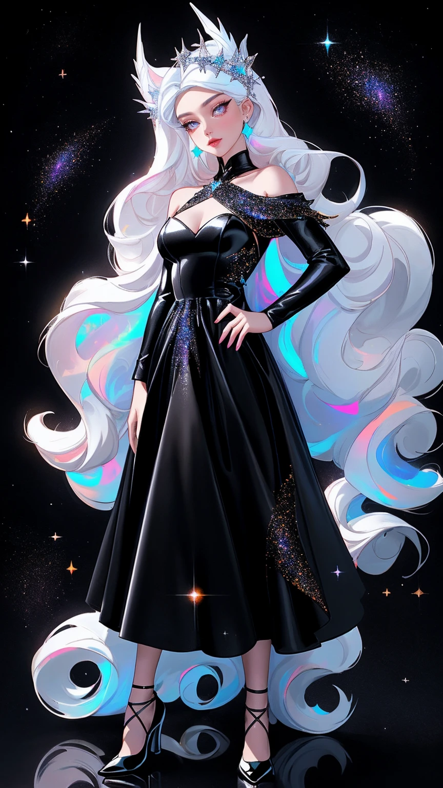 {-erro_de_anatomia:1.0} masterpiece, highest quality, (perfect face:1.1, (high detail)1.1, sweet stardust vampire , long soft white hair, opal eyes, perfectly drawn face, black dress, stars detailed background, prismatic lighting, glitter, whole body, Dancing lightly, Very sexy, with chin resting on shoulder , walking on the stars with cristal shoes.