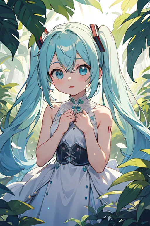 Dentro de una cueva oscura con una abertura en la parte superior, Overhead lighting, Plantas brillantes que iluminan suavemente los alrededores con un tono verde, muslos gruesos, Caderas anchas, mujer madura, (Dramatic light:1.3), 
mujer, Hatsune Miku, Solo, vestido, flor, pelo largo, white vestido, dos colas, very pelo largo, dove