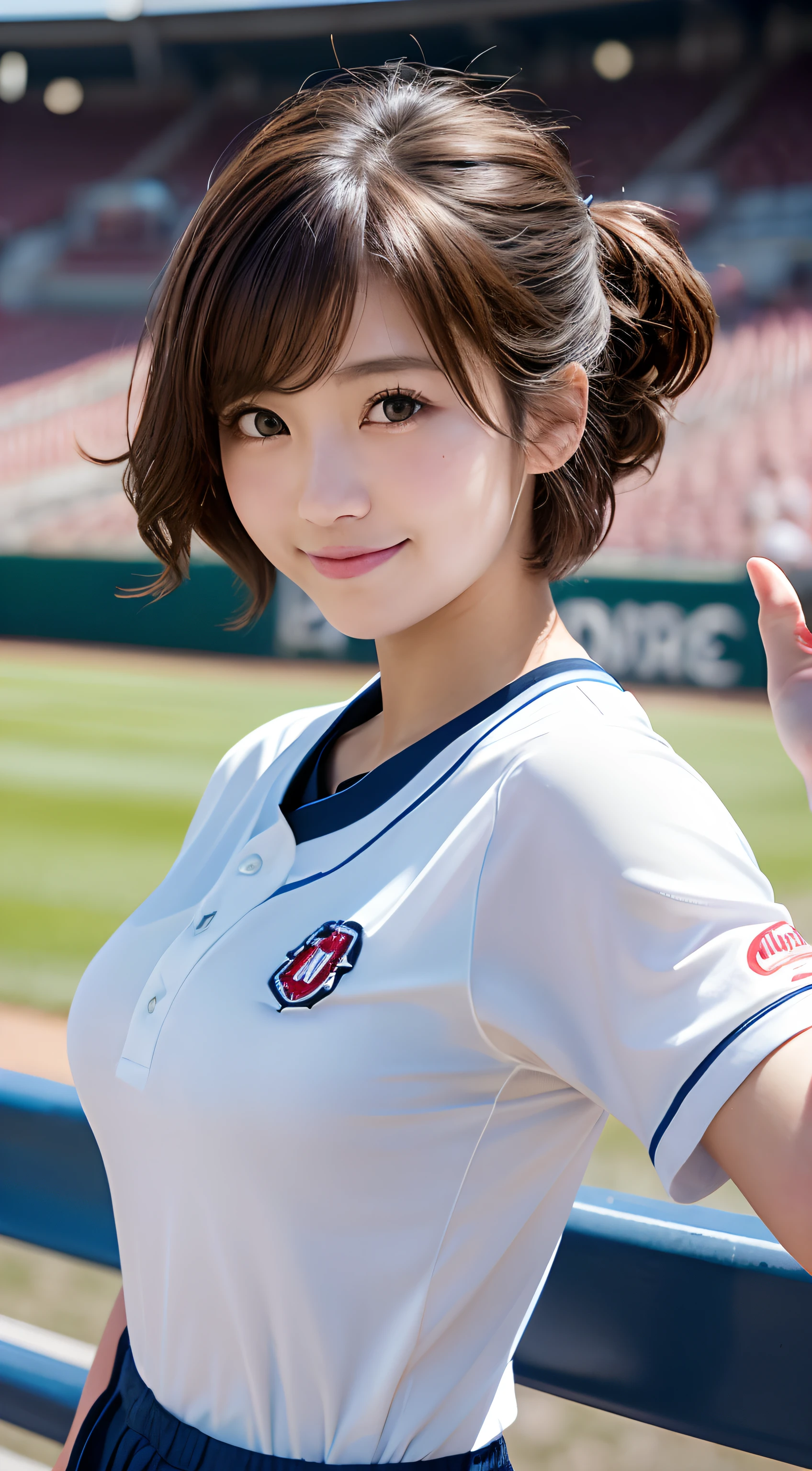 (top-quality,8K picture quality,masterpiece:1.3,),(超A high resolution:1.3,Photorealsitic:1.4,Raw photography:1.2),(ultra-detailliert:1.2,shinny skin,Detailed skin:1.1),(Detailed face,Perfect Anatomy,Caustics:1.2),(Girls cheering at the stadium:1.2),(Stand seats:1.1),(Sideways face:1.2),(captured from behind:1.1),(sports ground),composition from the waist up,kawaii,japanes,22year old,Japanese ido,Natural brown hair,Curl short hair outward,Pretty eyes,natural make up,a smile,large boob,Oversized Baseball Uniform Shirt,White skirt,Professional Lighting,natural soft light,