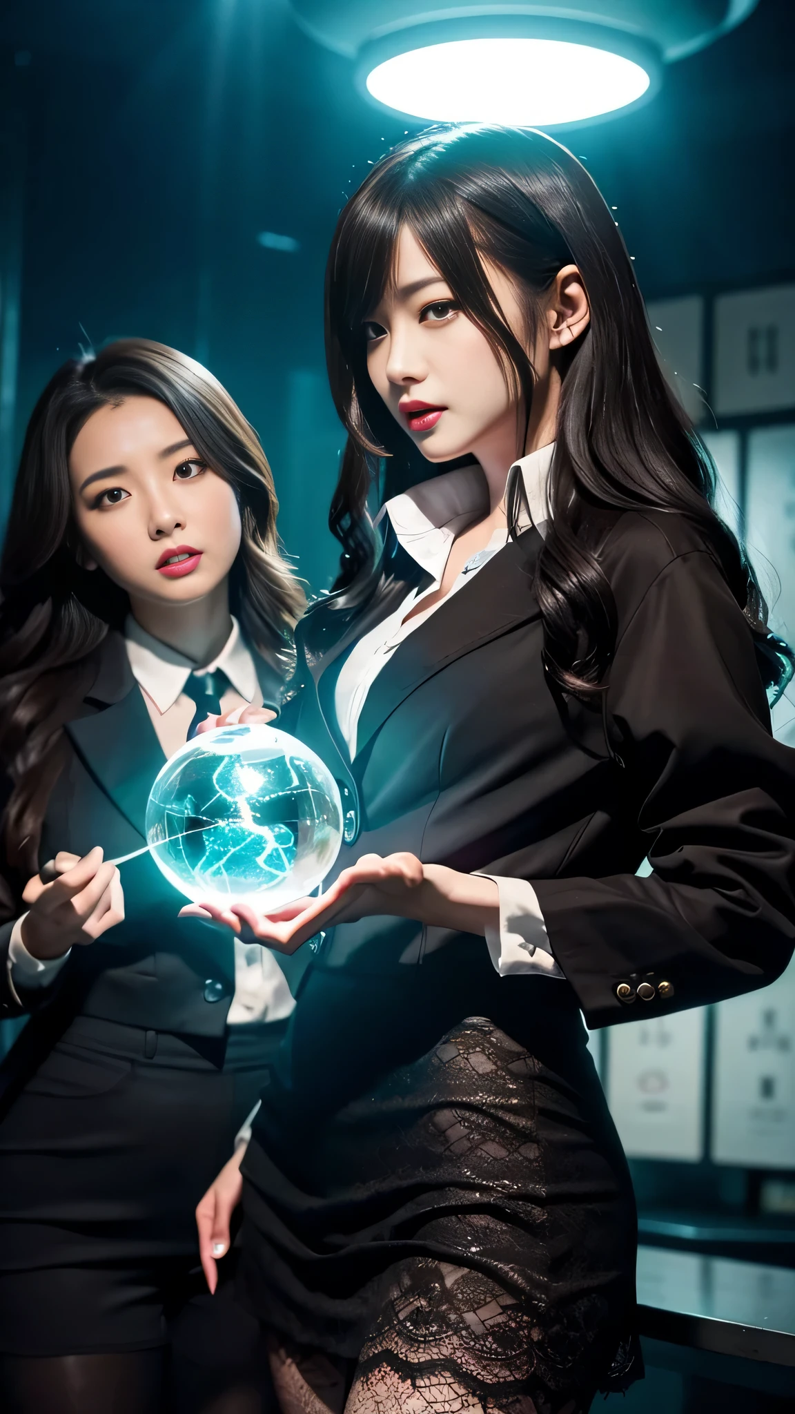 Super detailed、Japanese、charming beauty、Dainty woman、sharp eyes、cool girl、wavy hair、suit、Jacket、blouse、Tight Skirt、black pantyhose、evil female executive、evil depravity、brainwashing、Mind control、lacy fabric、Shiny legs、lipstick、have lip gloss、grin、邪evilなな表情、evil、empty eyes、邪evilな、reach out your hand、in the darkroom、lure、meanwhile、evil hypnotizing scene, With glowing magic effects, 2 girls, girl being hypnotized.