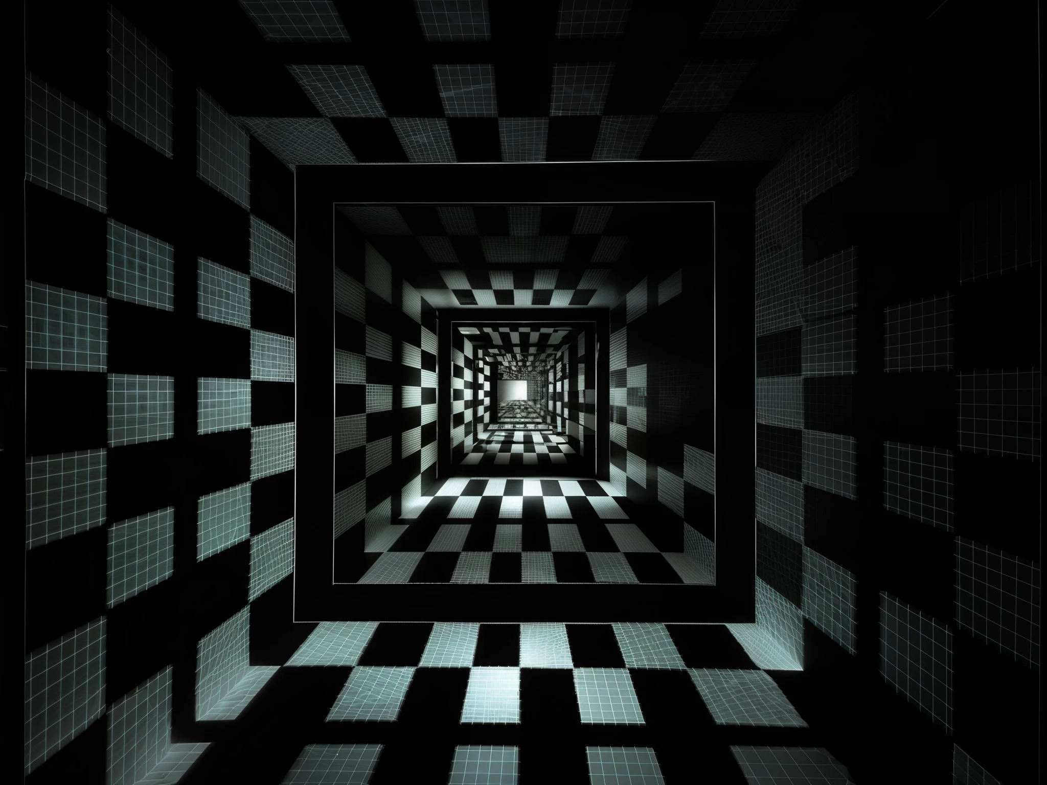 a close up of a black and white checkered floor with a square pattern, geometric liminal space, infinite hallway, claustrophobic room, illusion psychedelic art, inside the picture is infinity, entering the mind maze, liminal space hallway, retrofuturist liminal space, geometric 3d render, geometric 3 d render, claustrophobic and futuristic