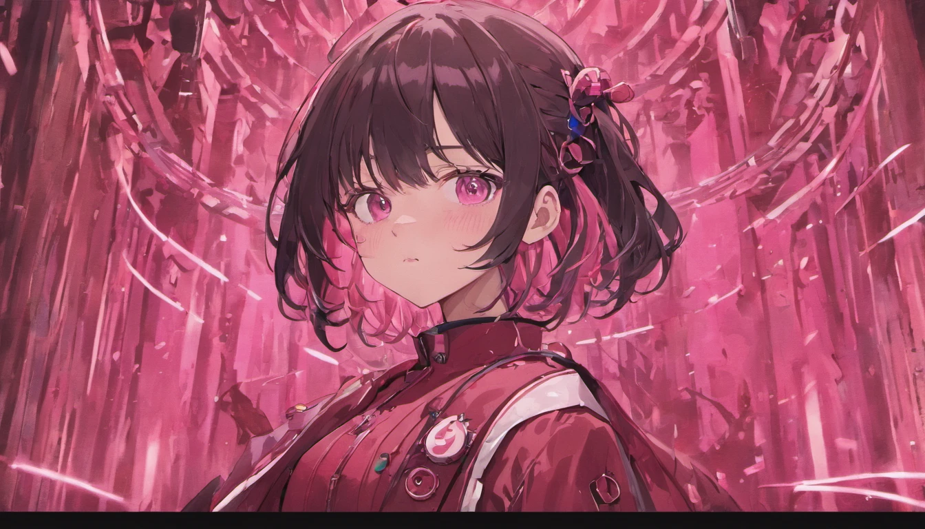 1girl, black hair, Maroon University suits, pink eyeglasses, robotic illustration