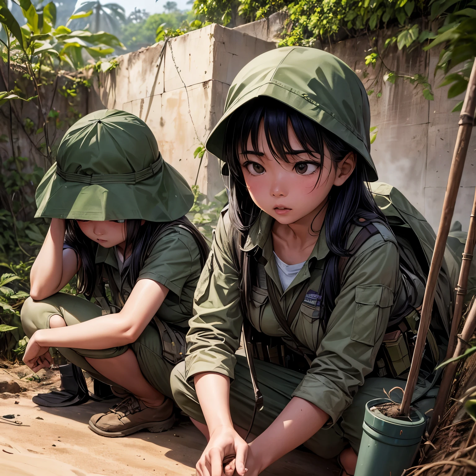 2 Asian Girls , hiding in a Sandbag Trench ,Having a look of Fear and Distrust , Taking cover From Mortar Fire , Realistic War photo , Wearing Combat Fatigues , Tropical forest , during the Vietnam war , 70s Aesthitics