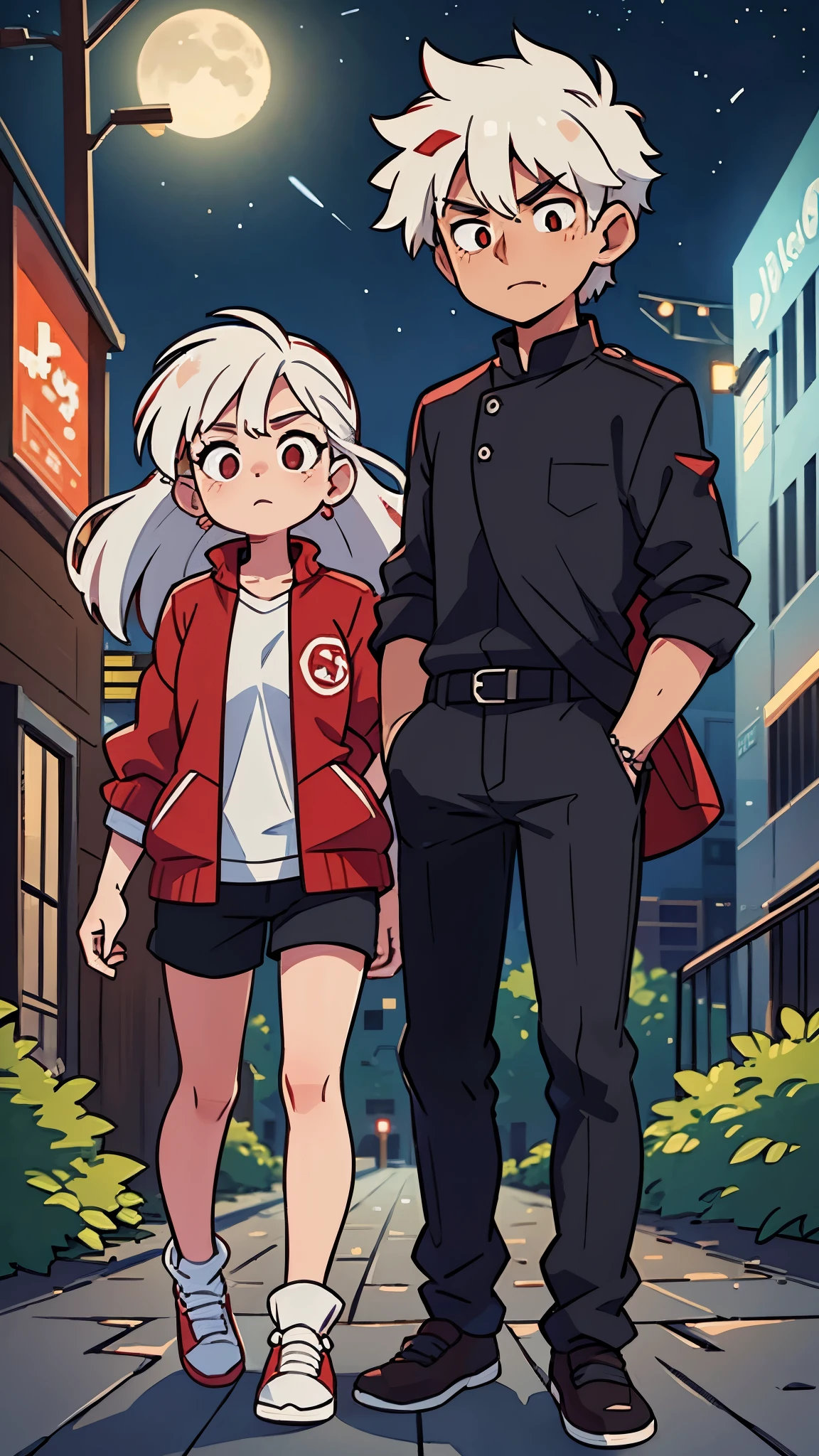 1 red haired male , 1 white haired female, in a city, night time , looking at stars, wearing black clothes