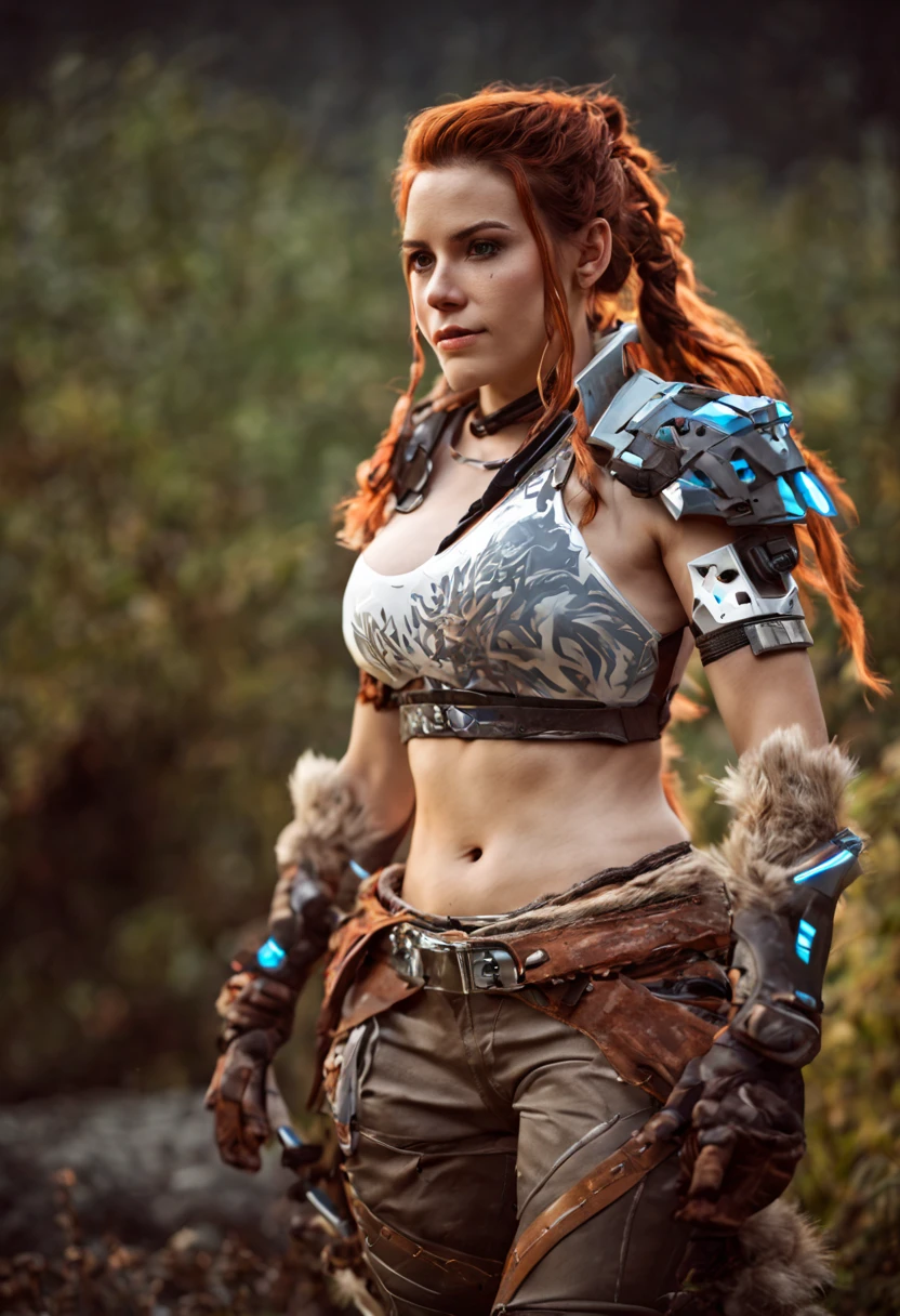 Woman, "horizon zero down" game cosplay, with wide hips and chest, photo, 4k, bokeh, posing erotically, film