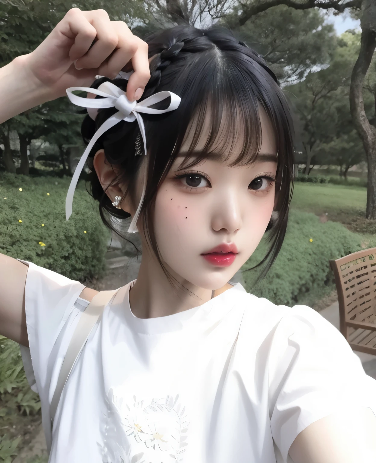 there is a young woman holding a white fita no cabelo, fita no cabelo, neat hair com franja, com franja, Xintong Chen, chiho, shikami, she has black hair com franja, Ulzzang, penteado twintails, laço, o corte Hime, com franja completa, sakimichan, penteado com corte hime branco