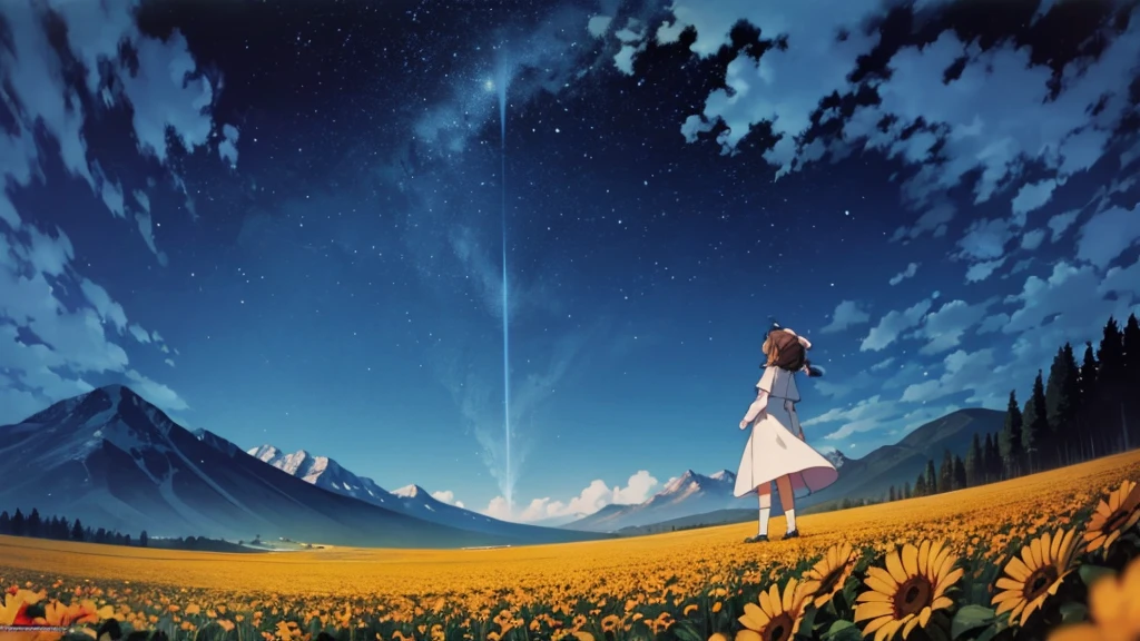 Great Landscape Photographs,(mirar desde abajo,Sobre el cielo,Below are open fields),A girl standing in the flower field looking up,(luna llena:1.2),(Meteoros:0.9),(nube de estrellas:1.3),far away mountain, Tree break art,(warm light source:1.2),(Firefly:1.2),lamp lights,Muchos morados y naranjas,detalles intrincados,Volumetric Lighting BREAK(obra maestra:1.2),(la mejor calidad),4k,ultra-detallado,(dynamic compositions:1.4),Lots of details,gran cantidad de colores,(color iridiscente:1.2),(con luz brillando,atmospheric lighting),dream magical,magical,(solo:1.2