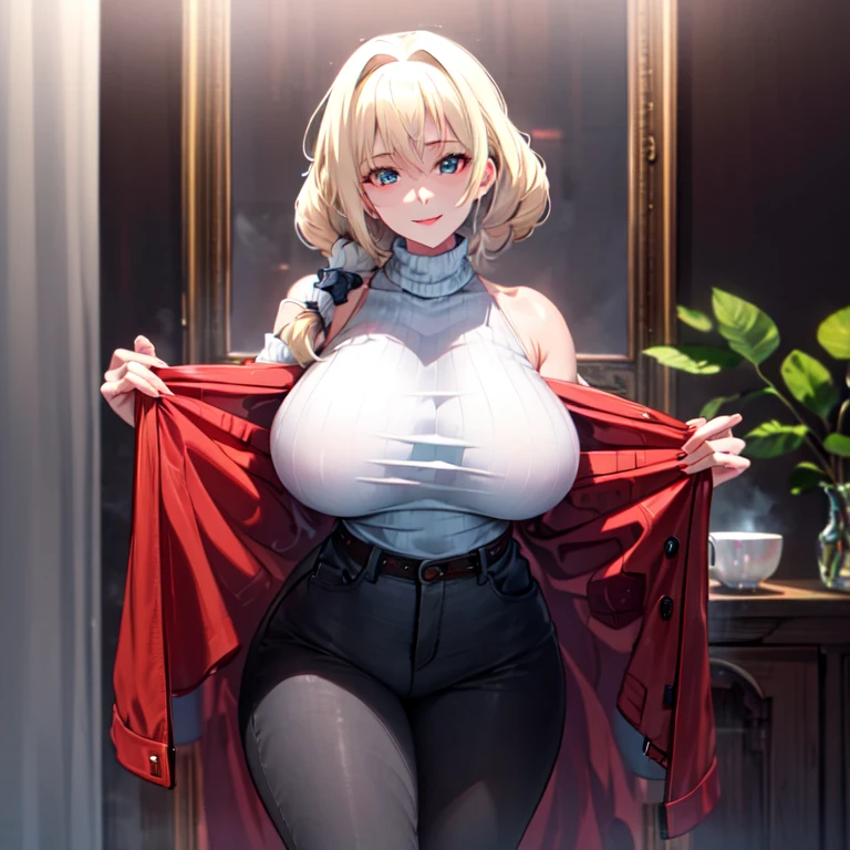 masterpiece, best quality, 1girl, solo, mature female, huge breasts, narrow waist, wide hips, curvy, curly hair, short hair, short bangs, blonde hair, blue eyes, turtleneck, turtleneck sweater, ribbed sweater, white sweater, brown pants, standing, indoors, sexy pose, seductive smile, looking at viewer
