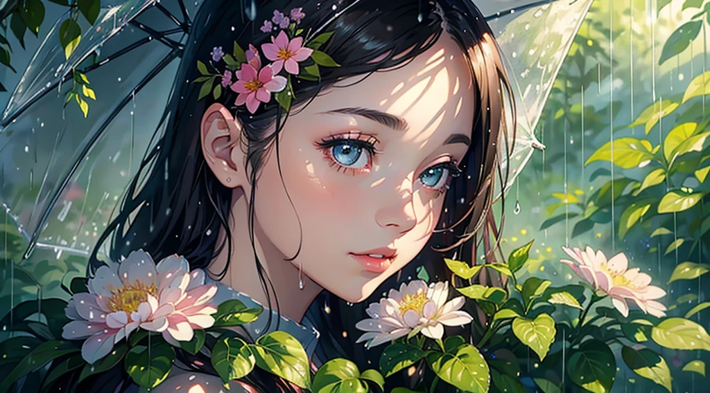 A girl in a rainy garden,soft watercolor effect,beautiful detailed eyes,beautiful detailed lips,medium:oil painting,soft and delicate strokes,raindrops on leaves and flowers,moist ground texture,umbrella with vibrant colors,sparkling rain,highres,ultra-detailed,soft and dreamy lighting.