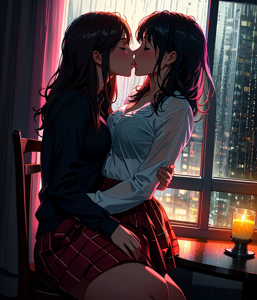 (best quality,photorealistic),2girls,kissing passionately,touching lips,tight embrace,sitting on the lap,chair,window,rainy outside,night,dramatic lighting,vivid colors,romantic atmosphere