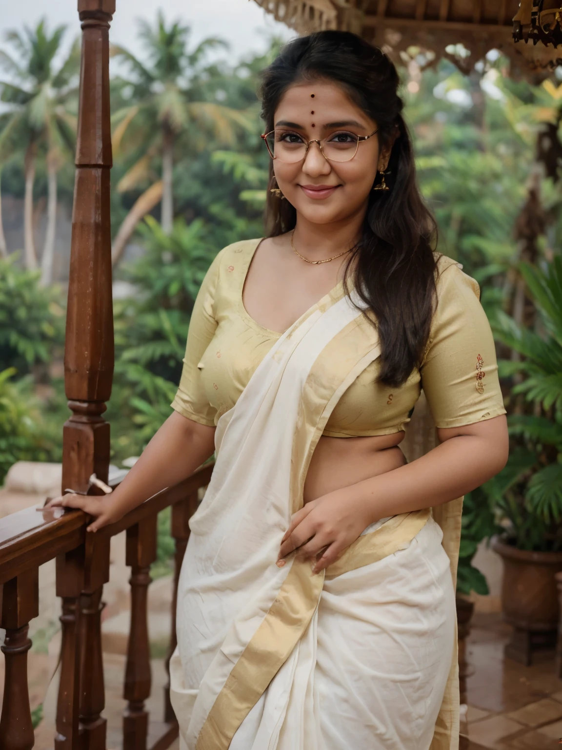 Indian woman wearing (onam saree), (young woman), 20 years old, (chubby cheeks:1.4), (curvy figure:1.3), (eyeglasses), (bindi), An Indian beauty, charismatic, light Indian- skin, view the viewer, naughty smile, luxurious villa in background, both eyes are the same, full-body shot, hd, 2k, 4k , 8k, 16