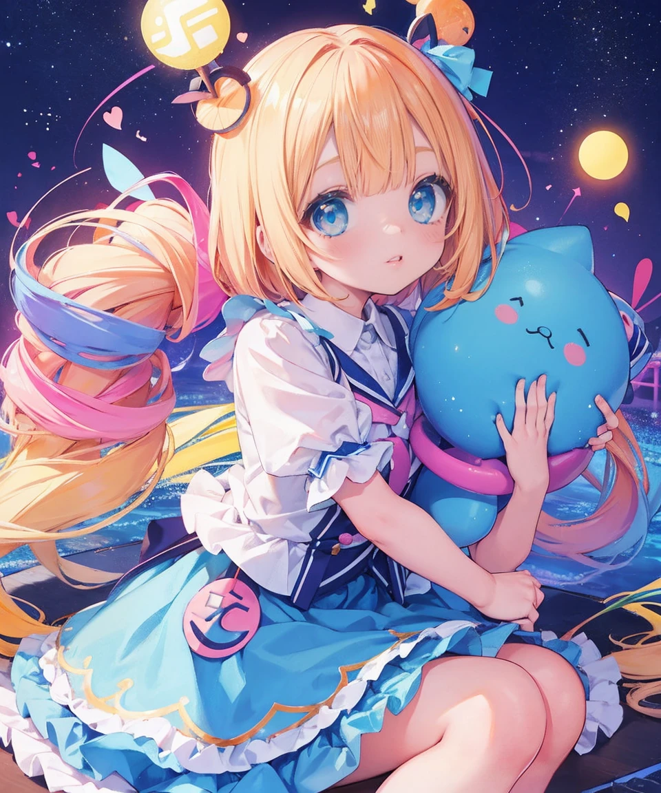 mesa, (2 meninas), Idol, um close de um, olhos grandes, kawaii Institute of Technology, kawaii, Bonitinho, cores pastel, melhor qualidade, feliz, Deep Story, Symmetrical, head tilt