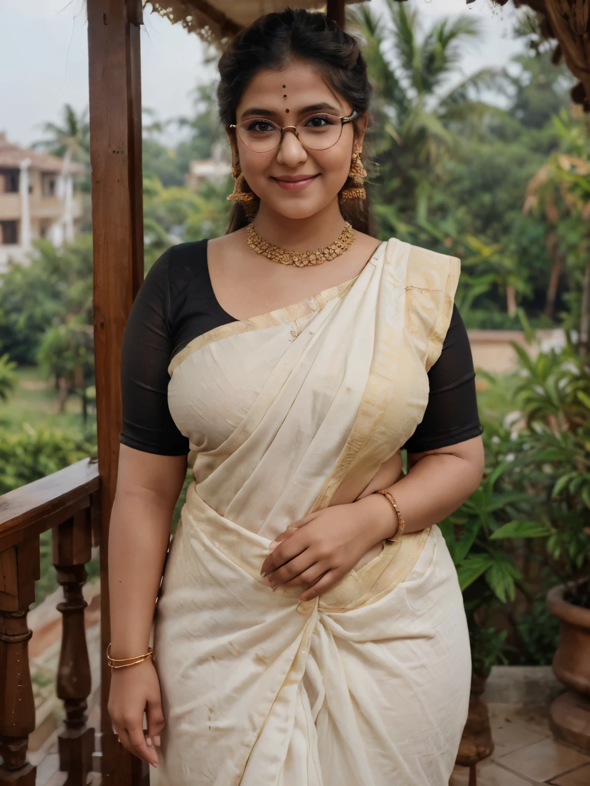 Indian woman wearing wearing (onam saree), (young woman), 20 years old, (chubby cheeks:1.4), (curvy figure:1.3), (eyeglasses), (bindi), An Indian beauty, charismatic, light Indian- skin, view the viewer, naughty smile, luxurious villa in background, both eyes are the same, full-body shot, hd, 2k, 4k , 8k, 16
