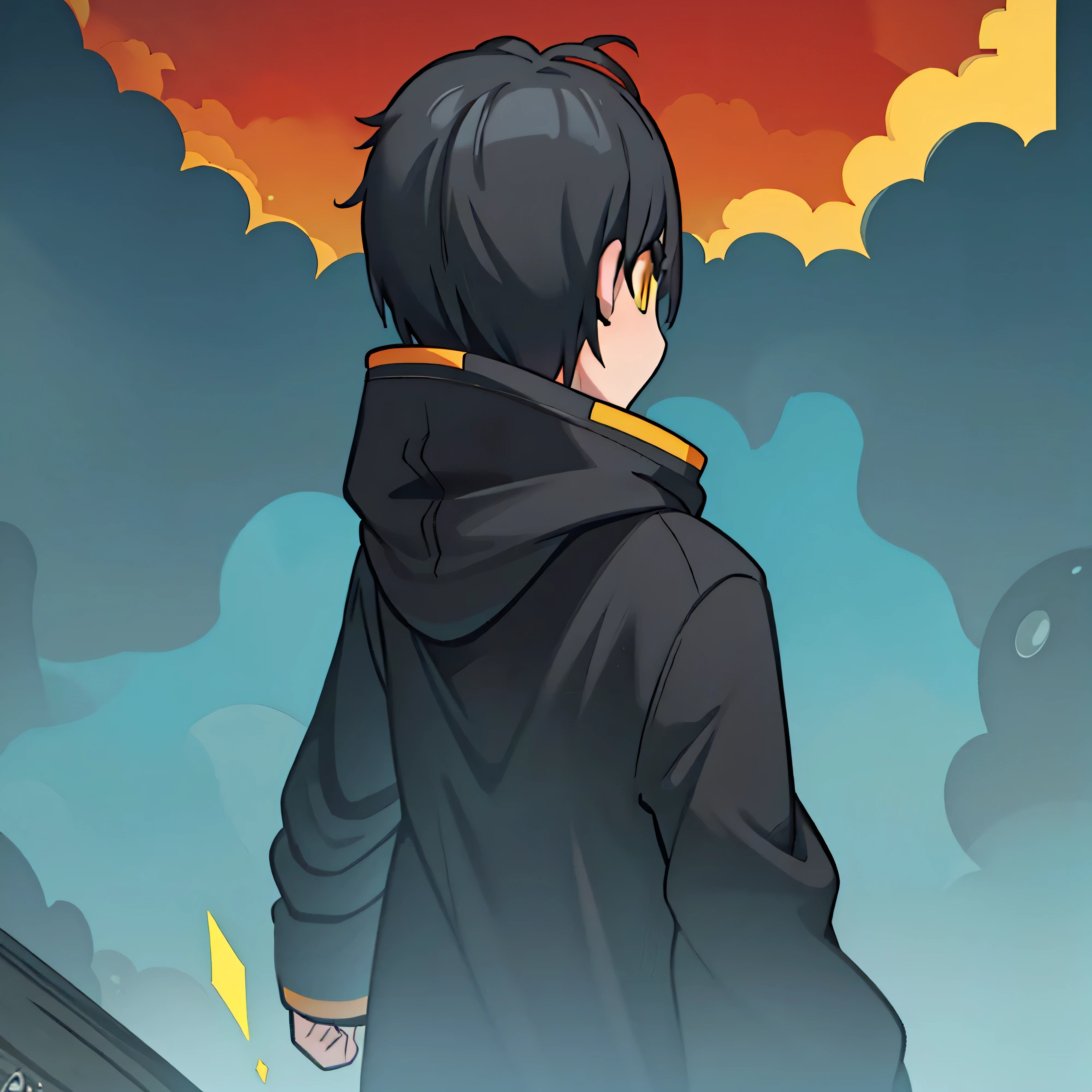 photo from behind, chico anime con una chaqueta negra con cabello negro y ojos amarillos, estilo de arte anime, high quality estilo de arte anime, joven animado, anime estilizado, trigger estilo de arte anime, Estilo anime 2D, modelo de youtuber virtual live2d, anime estilizado, color plano, arte lineal