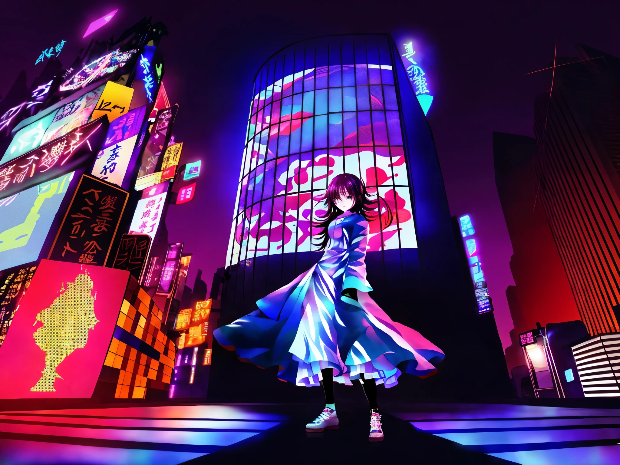 anime girl in a dress in a city at night, hero pose colorful city lighting, digital cyberpunk - anime art, digital cyberpunk anime art, anime styled digital art, futuristic cyberpunk tokyo night, in cyberpunk city, anime style 4 k, cyberpunk with neon lighting, art deco outrun anime aesthestic, anime cyberpunk art, in neo tokyo, neo tokyo background, neon tokyo