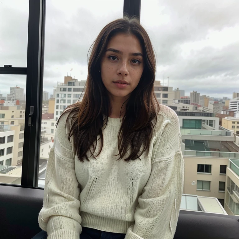 23-year-old hyper-realistic Latin girl with freckles, selfie de humor para instagram, Ultra Definition, (photoreallistic: 1.4), 8k, Calidad Premier, Fondos detallados, cara delicada, Maquillaje natural, foto RAW, iPhone, HDR, Coqueteando con el espectador, wearing only a black luxurious sweater, sitting in front of a big window with the dark sky and buildings in the background, in a luxury hotel