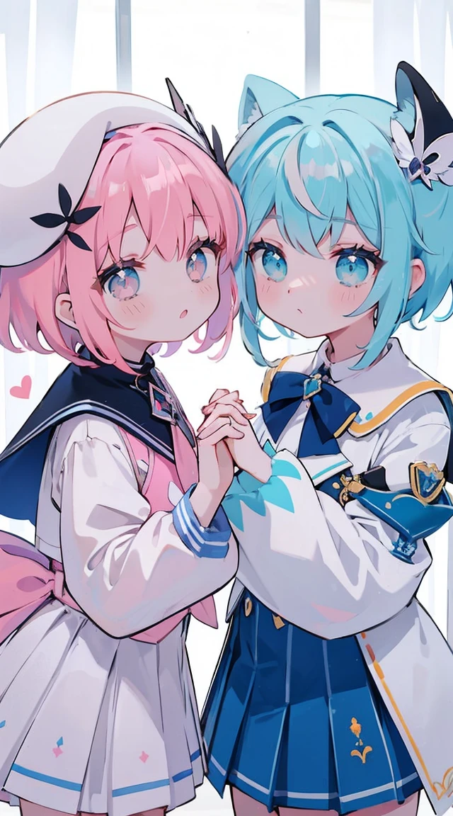 twins、cabelo rosa、olhos azuis claros、Apenas uma cauda dupla、Holding hands、Magic Street、uniforme escolar bonito、fita de arco、obra-prima、maximum quality、Qualidade de imagem superior、cabelo azul claro